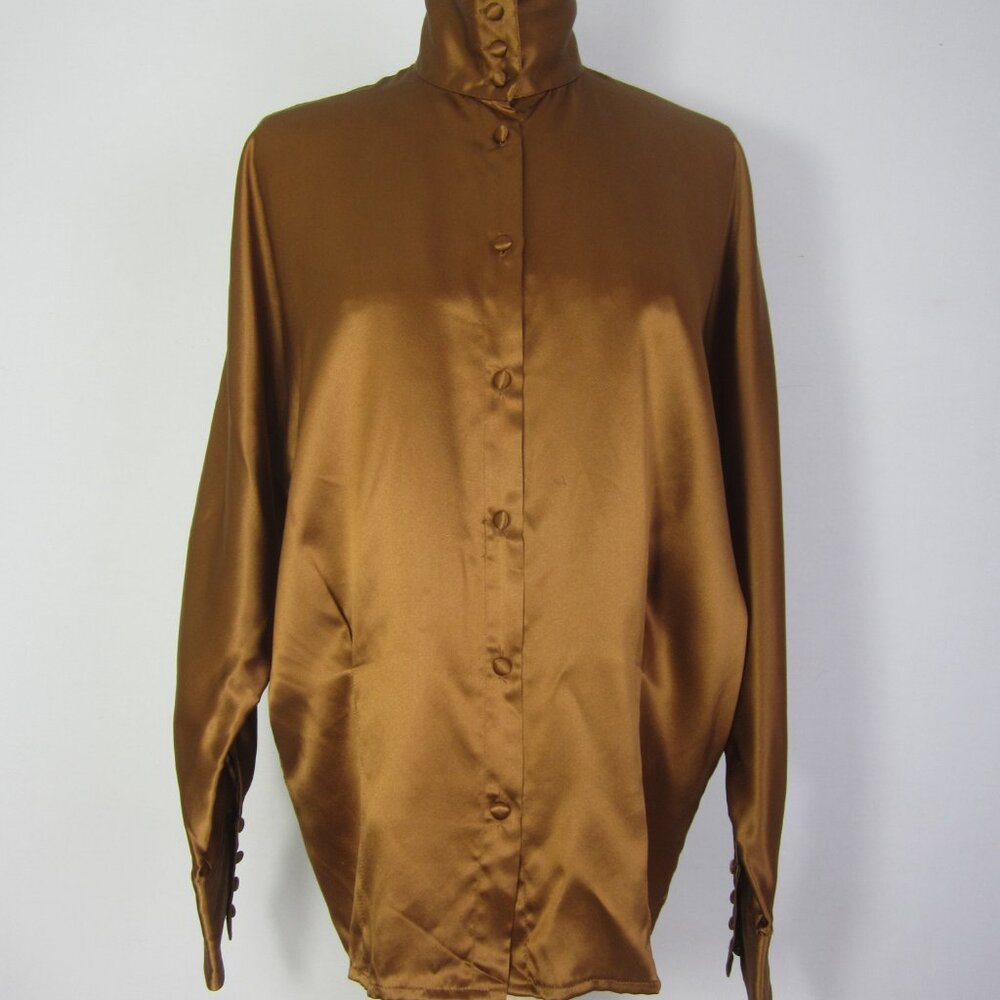 Vtg Stefano Studio Women 4 Brown High Neck 100% Silk Shirt Covered Buttons S 80s - Picture 5 of 9